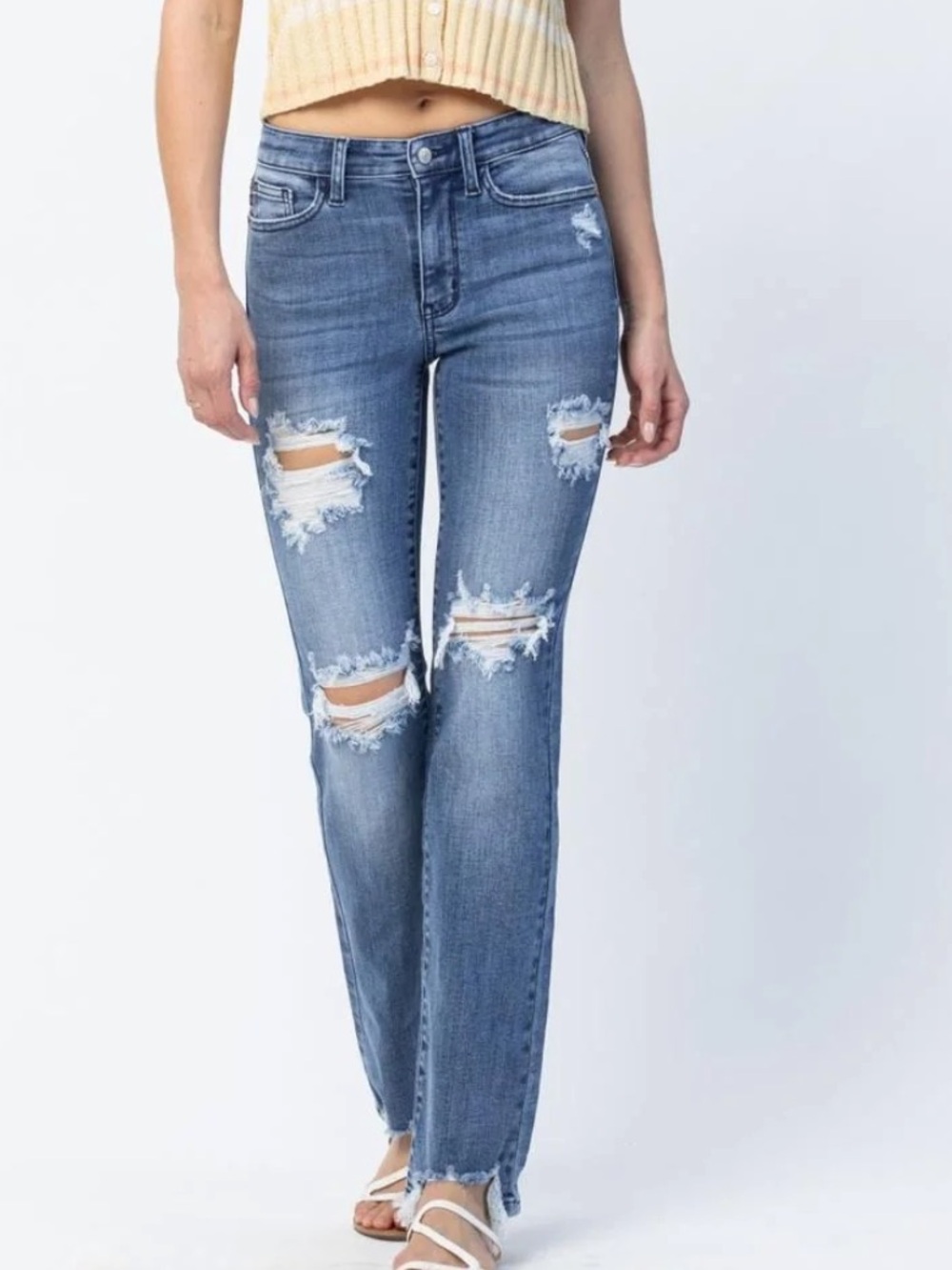 Judy Blue Medium Wash Mid Rise Destroyed Raw Hem Straight Leg Jeans Size 5/27